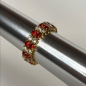 Double Gold Tone White and Red Crystal Banded Stretch Ring Size 6-15